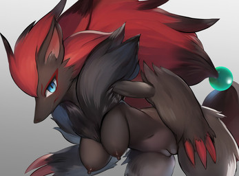 anthro areola big_breasts black_areola black_nipples breasts claws female female_anthro fur genitals hair looking_at_viewer nipples nude simple_background solo vulva kekekejima nintendo pokemon canid canine generation_5_pokemon mammal pokemon_(species) zoroark absurd_res hi_res