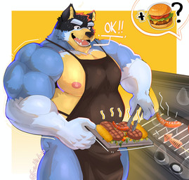 5_fingers apron apron_only biceps black_eyes black_nose blue_body border burger_patty clothing cooking corn deltoids eyebrows fingers food forearm_muscles grill humanoid_hands male meat multicolored_body muscular muscular_male nipples pink_nipples plant sausage simple_background teeth text thick_eyebrows triceps white_border yellow_background friohielo10 bluey_(series) bandit_heeler australian_cattle_dog canid canine canis cattledog domestic_dog herding_dog mammal pastoral_dog absurd_res artist_name colored hi_res signature