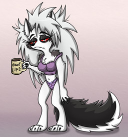 anthro bedhead big_hair biped black_white_body clothed clothed_anthro clothed_female clothing coffee_mug digitigrade female female_anthro fluffy fluffy_tail hair half-closed_eyes long_hair messy_hair narrowed_eyes panties print_clothing print_panties print_underwear red_eyes shirt solo tail tank_top tired topwear underwear white_body shinragod hellaverse helluva_boss mythology loona_(helluva_boss) canid canid_demon canine demon hellhound mammal mythological_canine mythological_creature digital_drawing_(artwork) digital_media_(artwork) hi_res