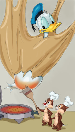 anthro appliance basting_brush beak bodily_fluids brown_body brown_fur butt butt_torture character_prepared_as_food chef_hat clothing dough exposed_butt feathers fur group hat headgear headwear imminent_burning kitchen_appliance male monobutt reddened_butt sailor_cap stuck sweat sweatdrop tail tail_feathers trio waffle_iron white_body white_feathers zdrer456 disney chip_(disney) dale_(disney) donald_duck anatid anseriform avian bird chipmunk duck ground_squirrel mammal rodent sciurid hi_res story_at_source