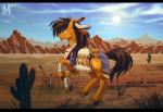 black_bars black_hair brown_body brown_eyes brown_fur clothed clothing day desert detailed_background female feral fur hair hooves outside solo margony hasbro my_little_pony fan_character earth_pony equid equine horse mammal pony digital_media_(artwork) shaded