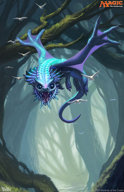 3_toes ambiguous_gender black_claws blue_body blue_eyes claws detailed_background feet feral forest membrane_(anatomy) open_mouth outside plant smile solo tail teeth text toes tree webbed_feet young young_feral brian_valeza hasbro magic:_the_gathering mythology wizards_of_the_coast ambient_bird dragon mythological_creature mythological_scalie scalie 2024 absurd_res digital_media_(artwork) english_text hi_res official_art