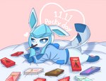 ambiguous_gender bed bottomless clothed clothing feral food furniture heart_symbol hood hoodie lying on_bed on_front pocky_in_mouth semi-anthro simple_background solo sploot topwear rael nintendo pocky pokemon eeveelution generation_4_pokemon glaceon pokemon_(species) hi_res