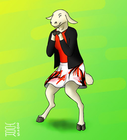 anthro black_bottomwear black_clothing black_hooves black_skirt black_topwear bottomwear clothed clothing eyes_closed female floppy_ears fur furgonomics happy hooves multicolored_skirt red_bottomwear red_clothing red_skirt red_topwear simple_background skirt smile solo standing tail tail_through_skirt topwear white_body white_bottomwear white_clothing white_ears white_fur white_skirt white_tail yookie bovid caprine mammal sheep 2015 dated hi_res signature