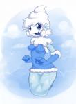 2015 4_fingers anthro anthrofied blue_body blue_eyes bottomless breasts clothed clothing dessert dragontheshadows female fingers food fur_trim_(clothing) fused_legs generation_5_pokemon genitals hair hi_res humanoid ice ice_cream nintendo pokemon pokemon_(species) pussy snow solo vanillite white_body white_hair