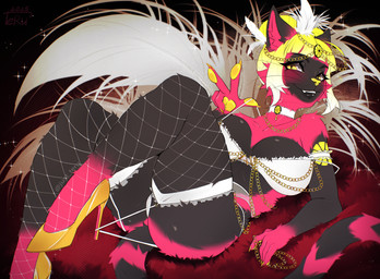 accessory anthro bed blonde_hair burlesque chain choker clothing dark_color feathers female fishnet_clothing fishnet_legwear footwear fur_plaid furniture garter glitter gold_heels hair high_heels huge_thighs jewelry lace lace_underwear leg_garter legwear lingerie looking_at_viewer louboutin mesh necklace plaid shoes smile solo stocking_belt tail thick_thighs tights underwear just_teru domestic_cat felid feline felis mammal absurd_res hi_res