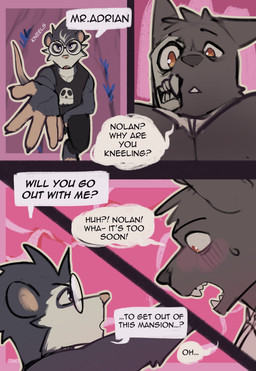4_panel_comic anthro big_muscles big_pecs black_clothing clothed clothing dialogue duo kneeling male male/male muscular muscular_anthro muscular_male on_one_knee pecs speech_bubble text topwear king_slabu adrian_(king_slabu) nolan_(king_slabu) american_opossum canid canine canis domestic_dog mammal marsupial spirit virginia_opossum absurd_res comic digital_media_(artwork) english_text hi_res