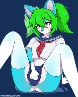 anthro asian_clothing bangs bent_legs biped blue_body blue_fur bottomwear breasts clothed clothing concern confusion countershade_fur countershading covering covering_crotch covering_self crop_top ears_up east_asian_clothing female fur gloves_(marking) green_eyes green_hair hair high_thighs inner_ear_fluff japanese_clothing japanese_school_uniform knees_pulled_up knees_up legwear markings midriff mouth_closed multicolor on_ground panties pigtails school_uniform serafuku shirt simple_background sitting skirt slim small_breasts solo spread_legs spreading stockings thigh_highs topwear transparent_background tuft twintails_(hairstyle) underwear uniform upskirt white_body white_fur white_serafuku marshmallow-ears serah_(creamingserah) canid canine hybrid mammal absurd_res alpha_channel hi_res