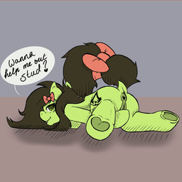 accessory animal_genitalia animal_vulva anus bite biting_lip bow_(feature) bow_accessory bow_ribbon brown_hair butt cursive cutie_mark dialogue equine_genitalia equine_vulva female feral furgonomics genitals green_body green_eyes hair hair_accessory hair_bow hair_ribbon heart_font heart_symbol hooves looking_at_viewer looking_back looking_back_at_viewer on_ground presenting presenting_anus presenting_hindquarters presenting_vulva raised_tail ribbons solo speech_bubble tail tail_accessory tail_bow tail_ribbon teasing text vulva zefirkin friendship_is_magic hasbro my_little_pony emerald_blade_(oc) fan_character earth_pony equid equine horse mammal pony 1:1 digital_drawing_(artwork) digital_media_(artwork) english_text hi_res
