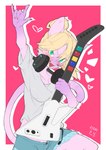 5_fingers anthro blonde_hair blush border bottomwear breasts clothing controller electronics female fingers game_controller gesture green_eyes guitar_controller hair hand_gesture headgear headphones headset looking_at_viewer pink_background rhythm_game shirt shorts simple_background smile solo topwear white_border white_clothing white_shirt white_topwear ayabemiso guitar_hero domestic_cat felid feline felis mammal 2021 absurd_res hi_res