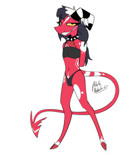 anthro barefoot biped black_clothing black_collar black_crop_top black_eyebrows black_eyes black_hair black_horn black_shirt black_thong black_topwear black_underwear bulge clothed clothed_anthro clothed_male clothing cloven_hooves collar crop_top eyebrows eyelashes feet femboy fishnet_clothing fishnet_shirt fishnet_topwear hair half-closed_eyes hands_behind_back hooves horn long_hair looking_at_viewer male male_anthro midriff mouth_scar multicolored_body multicolored_hair multicolored_skin narrowed_eyes navel notched_tail pubes red_body red_hooves red_skin red_tail ringed_horn sharp_teeth shirt simple_background skimpy sleeveless_shirt smile snout solo spade_tail spiked_collar spikes standing striped_horn stripes tail teeth thick_eyelashes thong topwear two_tone_body two_tone_hair two_tone_skin two_tone_tail underwear unguligrade white_background white_body white_hair white_horn white_pubes white_skin white_tail yellow_sclera potatonebula hellaverse fan_character demon imp 2026 absurd_res full-length_portrait hi_res portrait signature nonbinary_(lore)