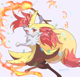 ambiguous_anthro ambiguous_gender anthro arm_tuft big_tail biped black_body black_fur black_nose blush cheek_tuft chest_tuft cute_fangs digitigrade dipstick_tail elemental_manipulation eyelashes facial_tuft fangs fire fire_manipulation fur holding_object holding_stick inner_ear_fluff looking_at_viewer markings multicolored_body multicolored_fur nude_ambiguous nude_anthro on_one_leg open_mouth orange_body orange_eyes orange_fur orange_tail_tip pointy_ears prick_ears shoulder_tuft side_view simple_background snout solo standing stick tail tail_markings teeth tuft twitter_handle two_tone_tail white_body white_fur yellow_body yellow_fur yellow_tail yutano_tantan nintendo pokemon braixen canid generation_6_pokemon mammal pokemon_(species) 2022 absurd_res cel_shading dated digital_drawing_(artwork) digital_media_(artwork) full-length_portrait hi_res portrait shaded signature