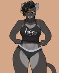 adjusting_clothing anthro band_shirt black_body black_clothing black_fur black_hair black_panties black_underwear blonde_highlights breasts clothed clothing colored_edge_panties colored_edge_underwear eyelashes fangs female fur hair highlights_(coloring) kinky_hair midriff multicolored_hair navel orange_eyes panties pink_nose shirt simple_background solo tail teeth text text_on_clothing topwear underwear 00niine my_chemical_romance lyle_(00niine) felid feline lion mammal pantherine prehistoric_species saber-toothed_tiger 2024 4:5 hi_res