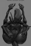 2018 2:3 alien alien_(franchise) anus breasts butt female genitals hi_res monochrome nihilophant nipples not_furry open_mouth presenting pussy simple_background solo text url xenomorph