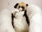 ambiguous_gender anthro biped blonde_hair bodysuit clothing cosplay costume fursuit hair lying mask real short_hair skinsuit smile solo tight_clothing tetetor-oort marie_(tetetor-oort) canid canine canis domestic_dog mammal 4:3 grandfathered_content