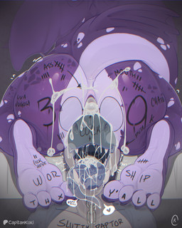 anthro anus bodily_fluids body_writing butt cum cum_in_ass cum_inside duo gaping gaping_anus genital_fluids grey_body long_tongue male male/male messy nude open_mouth phone_screen purple_body rear_view sharp_teeth smile teeth text tongue tongue_out writing_on_butt writing_on_chest writing_on_foot capitankoki reptile scalie 2026 absurd_res english_text hi_res