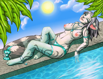 4_fingers anthro areola breasts clothed clothing day detailed_background female fingers lying navel nipples outside sky smile solo sun topless water wide_hips robyn_paperdoll felid mammal digital_media_(artwork) shaded