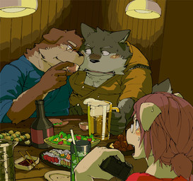 alcohol beverage blush camera drunk eyewear female flirting food glasses group inside kemono male male/male overweight sake sitting substance_intoxication matomonstera canid canine canis domestic_dog mammal wolf 2009