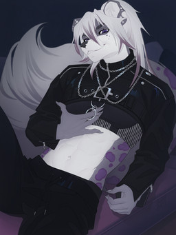 abs anthro athletic athletic_anthro black_nose chain_jewelry clothing fluffy fluffy_tail hair leather leather_clothing leather_topwear long_hair looking_at_viewer male markings midriff purple_eyes purple_spots smile solo spots spotted_body tail topwear ansart felid leopard mammal pantherine snow_leopard 2025 3:4 absurd_res hi_res