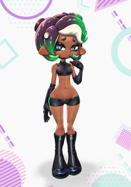 armwear boots bottomwear clothing crop_top elbow_gloves female finger_to_mouth footwear gloves handwear looking_at_viewer midriff not_furry pseudo_hair shirt shoes shorts simple_background solo tentacle_hair tentacles thigh_gap topwear koharuno2 nintendo splatoon marina_(splatoon) aquatic cephalopod humanoid mollusk octarian octoling hi_res