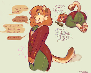 anthro big_butt blush blush_lines bodily_fluids bottle butt clothed clothing collared_shirt container dizzy dress_shirt drunk feet hair hindpaw long_hair male nervous nervous_smile paws rear_view shirt solo speech_bubble substance_intoxication sweat sweaty_butt tail tail_motion tailwag text topwear sherlock-catt stardew_valley elliott_(stardew_valley) asian_golden_cat catopuma felid feline mammal english_text hi_res