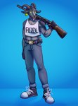 anthro belt belt_buckle blue_background bodily_fluids bottomwear buckle clothing crop_top denim denim_bottomwear denim_clothing dripping ear_piercing ear_tag female fingers footwear fur grey_body grey_fur gun holding_gun holding_object holding_ranged_weapon holding_shotgun holding_weapon hooved_fingers hooves horizontal_pupils horn jeans muscular muscular_anthro muscular_female pants piercing pupils ranged_weapon saliva saliva_drip scut_tail shirt shoes short_tail shotgun simple_background solo standing tail text text_on_clothing text_on_topwear tongue tongue_out topwear weapon yellow_eyes l0bst3rz coffee_stain_studios epic_games fortnite goat_simulator pilgor_(goat_simulator) bovid caprine goat mammal 2022 hi_res