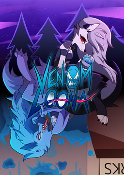anthro blue_body clenched_teeth duo female forest plant poster red_eyes sad smile spider_symbol teeth tongue tongue_out tree tress stolitzkiss hellaverse helluva_boss marvel mythology loona_(helluva_boss) venom_(marvel) canid canid_demon canine demon hellhound mammal mythological_canine mythological_creature symbiote absurd_res crossover hi_res