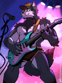 anthro clothing electric_guitar electronics grey_body guitar hair hat headgear headwear male male/male microphone microphone_stand muscular muscular_male musical_instrument plucked_string_instrument pose red_hair rocking_out rockstar shirtless_male stage_lights string_instrument text retrochuchos retromutt canid canine mammal 3:4 absurd_res english_text hi_res pinup