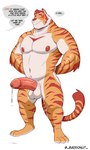 anthro balls big_muscles countershade_fur countershading fur genitals glans humanoid_genitalia humanoid_penis male muscular muscular_male penis solo striped_body striped_fur stripes text baddonut tora_(soul_nero) felid mammal pantherine tiger 3:5 english_text hi_res