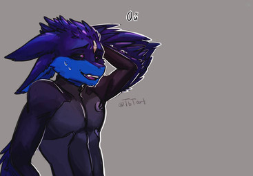 4_ears anthro athletic black_sclera blue_body bodily_fluids bodysuit clothed clothing countershade_face countershading hand_behind_head male multi_ear nervous nervous_smile open_mouth purple_eyes simple_background skinsuit solo sweat sweatdrop teeth text tight_clothing winged_arms wings zipper dusty_tbt benze avali 2025 digital_media_(artwork) half-length_portrait portrait russian_text signature translated