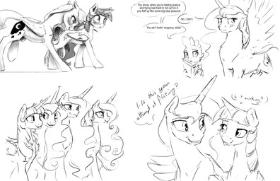 asking asking_another bite dialogue duo feathered_wings feathers female fluffy hair horn idiom linked_speech_bubble long_hair male partial_speech_bubble question species_in_dialogue speech_bubble stuttering talking_to_another text wings yes-no_question you_know_(idiom) silfoe friendship_is_magic hasbro my_little_pony mythology princess_cadance_(mlp) princess_celestia_(mlp) princess_luna_(mlp) spike_(mlp) twilight_sparkle_(mlp) dragon equid equine mammal mythological_creature mythological_equine mythological_scalie scalie winged_unicorn absurd_res english_text hi_res monochrome multiple_images sketch