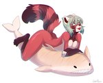 anthro blep countershading femboy green_hair hair looking_aside male markings nude sharp_teeth slim solo straddling striped_markings striped_tail stripes tail tail_markings teeth tongue tongue_out the_pigeon mika_(hootsalot) ailurid fish mammal marine red_panda shark 5:4 digital_media_(artwork) hi_res