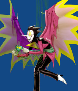 black_bottomwear black_clothing black_hair black_pants blue_background boots bottomwear clothing footwear hair high_heeled_boots high_heels male pants shoes simple_background smile solo wings 4nikitty deltarune undertale_(series) spamton_g._spamton darkner humanoid winged_humanoid hi_res