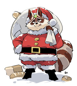 anthro biped black_nose bread brown_body brown_fur christmas_clothing christmas_headwear clothing cute_fangs fangs food fur hat headgear headwear holidays kemono leaf overweight santa_hat solo teeth okn_369 afk_arena christmas lilith_games raku_(afk_arena) santa_claus mammal procyonid raccoon 2021 hi_res