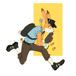 action_pose anthro anthrofied backpack biped blue_clothing blue_shirt blue_t-shirt blue_topwear bottomwear clothing dog_tags footwear gun hat headgear headwear holding_gun holding_object holding_ranged_weapon holding_weapon jewelry male melee_weapon necklace pants pose ranged_weapon scut_tail shirt shoes short_tail simple_background sneakers socks solo t-shirt tail topwear weapon white_background yellow_background dduummyy team_fortress_2 valve valve_corporation scout_(team_fortress_2) lagomorph leporid mammal rabbit 1:1 hi_res