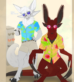 aloha_shirt biped bottomwear claws clothed clothing ear_twitch eyewear ill-fitting_clothing long_claws long_tail looking_at_viewer male multi_ear pantsless pattern_clothing pattern_shirt pattern_topwear shirt shopping shorts smile sunglasses tail topwear sepiaflux fleet_(the_amazing_bird) mercury_(haloren) alien shadekin absurd_res hi_res