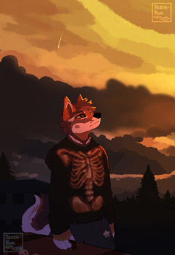 anthro black_body black_clothing black_ears black_fur black_hoodie black_tail black_topwear brown_body brown_ears brown_fur brown_hair brown_tail clothing cloud forest fur hair holding_case hoodie outside plant solo sunset tail topwear tree white_body white_ears white_fur white_tail nowheremotel ferris_(nowheremotel) canid canine canis mammal wolf 2022 hi_res watermark