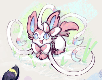 ambiguous_gender blush feral fur grass heart_symbol looking_aside open_mouth pink_body pink_fur plant simple_background sitting smile solo tail white_body white_fur savielle nintendo pokemon eeveelution generation_6_pokemon pokemon_(species) sylveon 2025