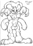 animal_genitalia balls breasts claws flaccid fully_sheathed genitals gynomorph horn intersex looking_at_viewer multi_tail nipples penis sheath solo tail ferris mammal unknown_species 2003 monochrome traditional_media_(artwork)