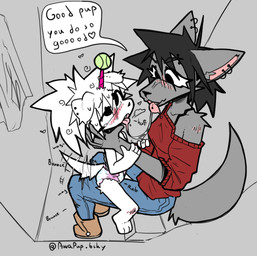 3_toes 4_fingers after_kiss ahegao anthro assisted_masturbation ball black_eyes black_hair blue_bottomwear blue_clothing blue_jeans blue_pants blush blush_lines bodily_fluids boots bottomwear bra_strap clean_diaper clothed clothing denim denim_bottomwear denim_clothing diaper dominant duo ear_piercing ear_ring eye_roll eyebrow_piercing facial_piercing feet female female/female fingers floppy_ears folded_ears footwear fur grey_background grey_body grey_fur grey_inner_ear_fluff grey_tail grinding hair holding_arm horn humping inner_ear_fluff jeans knee_blush larger_dom looking_pleasured masturbation off_shoulder on_lap onomatopoeia orgasm orgasm_face pants piercing pink_horn pink_inner_ear ponytail red_clothing red_sweater red_topwear ring_piercing saliva saliva_string shoes shoulder_blush simple_background sitting_on_lap size_difference sound_effects speech_bubble sweater tail tail_motion tailwag tennis_ball tennis_ball_on_horn text toes tongue tongue_piercing topwear tuft ugg_boots underwear underwear_only unicorn_horn wearing_diaper white_body white_fur young young_anthro anxipup unicorn_puppie_(anxipup) canid canine mammal 2025 english_text signature