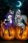 anthro breasts detailed_background duo female fire food forest fruit fur glowing grey_body grey_fur hair holidays jack-o'-lantern jwp magic_user moon night nipples nude outside plant pumpkin purple_body purple_eyes purple_fur purple_nipples sitting sitting_on_pumpkin sky smile star starry_sky tree white_hair witch yellow_eyes eliana-asato halloween ceri yana_(jwp) domestic_cat felid feline felis mammal 2014 hi_res