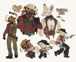 anthro belt big_ears blonde_hair blue_eyes boots bottomwear bound chaps cheek_tuft chibi cigarette clothing collared_shirt color_swatch cowboy_boots cowboy_hat cowboy_outfit dark_body dark_fur dress_shirt duo eyebrows facial_markings facial_tuft fangs footwear front_view fur gloves gun hair handgun handwear hat head_markings head_tuft headgear headwear holding_object holding_weapon kneeling long_hair long_sleeve_shirt looking_at_viewer looking_back looking_back_at_viewer male markings multicolored_body multicolored_fur neckwear open_mouth pants pointy_ears ponytail ranged_weapon rear_view revolver shirt shoes side_view simple_background smoke smoking smoking_cigarette snout spurs standing teeth text thick_eyebrows topwear tuft two_tone_body two_tone_fur vest weapon white_body white_fur yellow_body yellow_eyes yellow_fur ddcrushh unnamed_character canid canine cross_fox fennec_fox fox mammal red_fox true_fox absurd_res digital_drawing_(artwork) digital_media_(artwork) distracting_watermark hi_res model_sheet watermark
