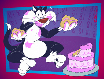 3_toes 4_fingers anthro arched_foot arched_soles belly bent_legs big_belly biped birthday birthday_cake black_body black_eyes black_fur black_pawpads cake cheek_tuft chest_tuft curling_toes curvy_figure dessert dipstick_tail eating_cake facial_tuft feet fingers food fur glance gloves_(marking) head_tuft holding_cake holding_food holding_object humanoid_feet humanoid_hands humanoid_heel inside leg_markings lines_drawn looking_at_viewer male markings messy messy_eater messy_eating nude number pawpads pecs plantigrade pose red_nose sitting slightly_chubby slightly_chubby_anthro slightly_chubby_male socks_(marking) soles solo surprised tail tail_markings toes toony tuft whisker_spots whiskers white_belly white_body white_feet white_fur white_hands white_sclera white_tail_tip wide_eyed wide_hips gavanzude looney_tunes warner_brothers sylvester_(looney_tunes) domestic_cat felid feline felis mammal tuxedo_cat 2026 alternate_version_at_paywall colored digital_drawing_(artwork) digital_media_(artwork) flat_colors hi_res pinup signature