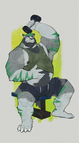 anthro areola barefoot beard belly_tuft biped bodily_fluids bottomwear chest_tuft claws clothed clothing drawstring_bottomwear dumbbell facial_hair feet fur green_background green_clothing green_shirt green_tank_top green_topwear grey_background grey_body grey_fur holding_dumbbell holding_object male multicolored_body musclegut muscular muscular_anthro muscular_male musk musky_armpit nipples overweight overweight_anthro overweight_male raised_clothing raised_shirt raised_tank_top raised_topwear sharp_teeth shirt shorts showing_teeth simple_background sitting solo sweat tank_top teeth topwear tuft two_tone_body weights marius_tygo canid canine canis mammal wolf absurd_res hi_res