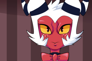 2_horns bow_tie freckles hair horn looking_at_viewer male not_furry pupils red_bow_tie slit_pupils solo white_hair yellow_sclera carliabot hellaverse helluva_boss moxxie_(helluva_boss) demon humanoid imp 2021 3:2