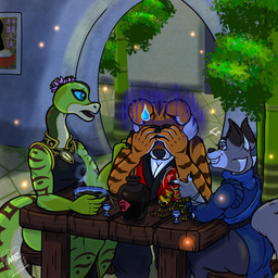 alcohol anthro bamboo beverage big_breasts big_butt black_nose blue_eyes blue_sclera breasts brown_eyes butt claws cleavage clothed clothing comforting detailed_background dress female flower_on_head food fur furniture grin group hand_on_shoulder money motion_lines multicolored_body multicolored_fur night noodles poster sitting small_breasts smile steam stripes table tail teasing text trio mrtoastsandwich dreamworks kung_fu_panda the_siren_lotus master_tigress master_viper zhen_(kung_fu_panda) arthropod beetle canid canine elateroid felid firefly fox insect mammal pantherine reptile scalie snake tiger 1:1 chinese_text hi_res textless