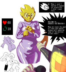 anthro breasts buckteeth clothed clothing coat duo electronics eyewear female glasses lab_coat machine microphone simple_background tail teeth text topwear white_background yellow_body kristhianquint4 undertale undertale_(series) alphys burgerpants mettaton lizard reptile robot scalie 2025 absurd_res english_text hi_res