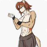 adjusting_clothing anthro bandage bottomwear breasts brown_hair clothing female hair shorts solo tan_body wristband capngoku felid feline mammal absurd_res character_request compression_artifacts hi_res