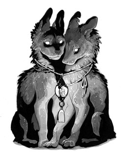 ambiguous_gender duo feral lamp lantern simple_background sitting white_background tamberella canid canine mammal 2019 4:5 hi_res monochrome traditional_media_(artwork)