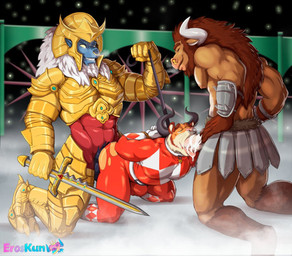abs anal anal_penetration anthro armor beard blue_body blue_skin bodily_fluids bodysuit bottomwear bound bovid_horn brown_body brown_fur bulge closed_smile clothed clothing collar collar_tag cum cum_drip cum_in_mouth cum_inside cum_on_penis cum_on_tongue defeat defeat_sex defeated defeated_hero domination/submission dripping dungeon eyebrows eyes_closed facial_hair facial_piercing facial_scales fallen_hero fellatio fur genital_fluids genitals gold_nose_ring group group_sex hands_behind_back hands_on_hips hands_on_own_hips hands_tied horn kneeling kneeling_anal kneeling_oral_position leash leash_pull leashed_collar male male/male mane melee_weapon mouth_closed muscular muscular_male nose_piercing nose_ring open_mouth oral oral_penetration pecs penetration penile penile_penetration penis penis_in_ass penis_in_mouth piercing red_body red_skin ring_piercing scale_eyebrows scales sex skinsuit slanted_eyebrows smile spitroast submissive submissive_male sword threesome tight_clothing tongue tongue_out tongue_out_fellatio toothy_grin torn_bottomwear torn_clothing trio weapon wearing_collar white_eyes eroskun european_mythology greek_mythology mythology power_rangers garuganto goldar tarke bovid bovine felid hybrid mammal minotaur monster pantherine tiger